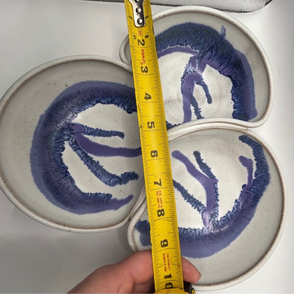 Vintage Handmade Pottery 3-Section Divided Dish Purple Blue Drip Glaze - Picture 7 of 8
